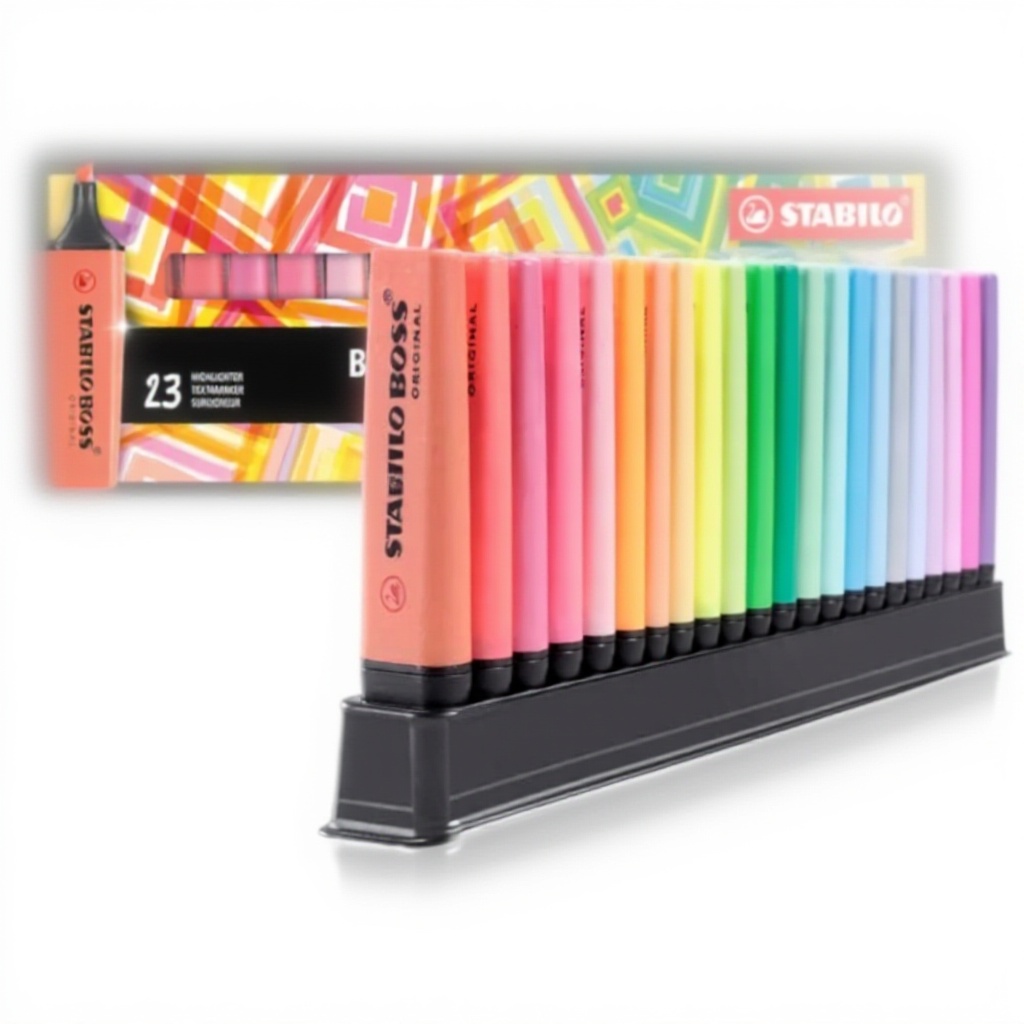 STABILO BOSS ORIGINAL evidenziatore Desk-Set 23 colori disposti su un piano di lavoro moderno